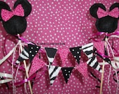 Minnie Mouse Mickey cake topper pink zebra banner Disney Birthday Party center piece dress up decoration baby shower photo prop flag