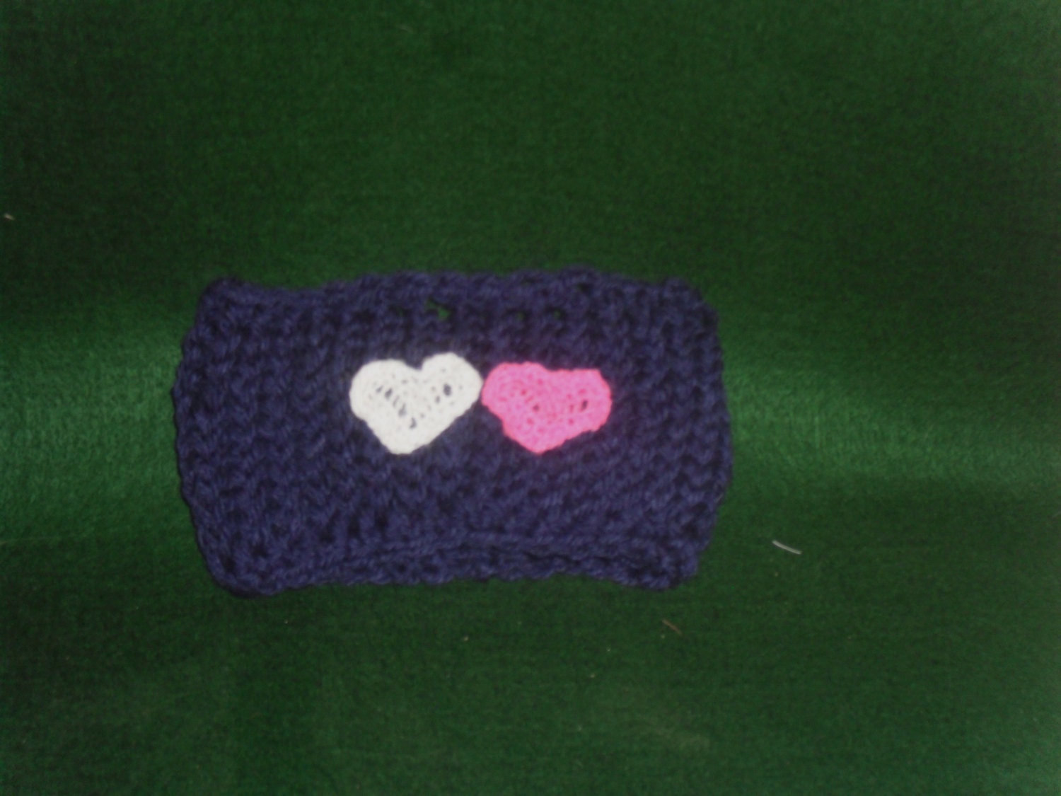 Blue Knit Headband  with 2 Hand Crocheted  Heart Accents. Valentine Headband. Great Gift.