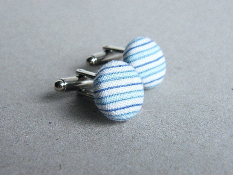 Cufflinks, Blue White Stripes Cufflinks, Fabric Button Cuff Links, Gift for Men, Groom Cufflinks - Ready to ship
