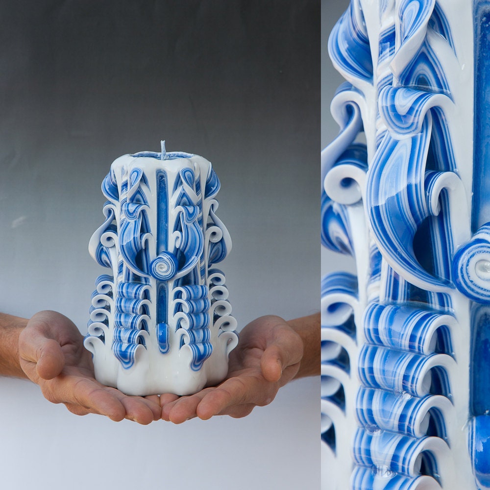 Carved candle - Blue candle - Blue and white candle
