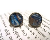 Blue and White Leather Stud Earrings, Leather Earrings, Earstuds