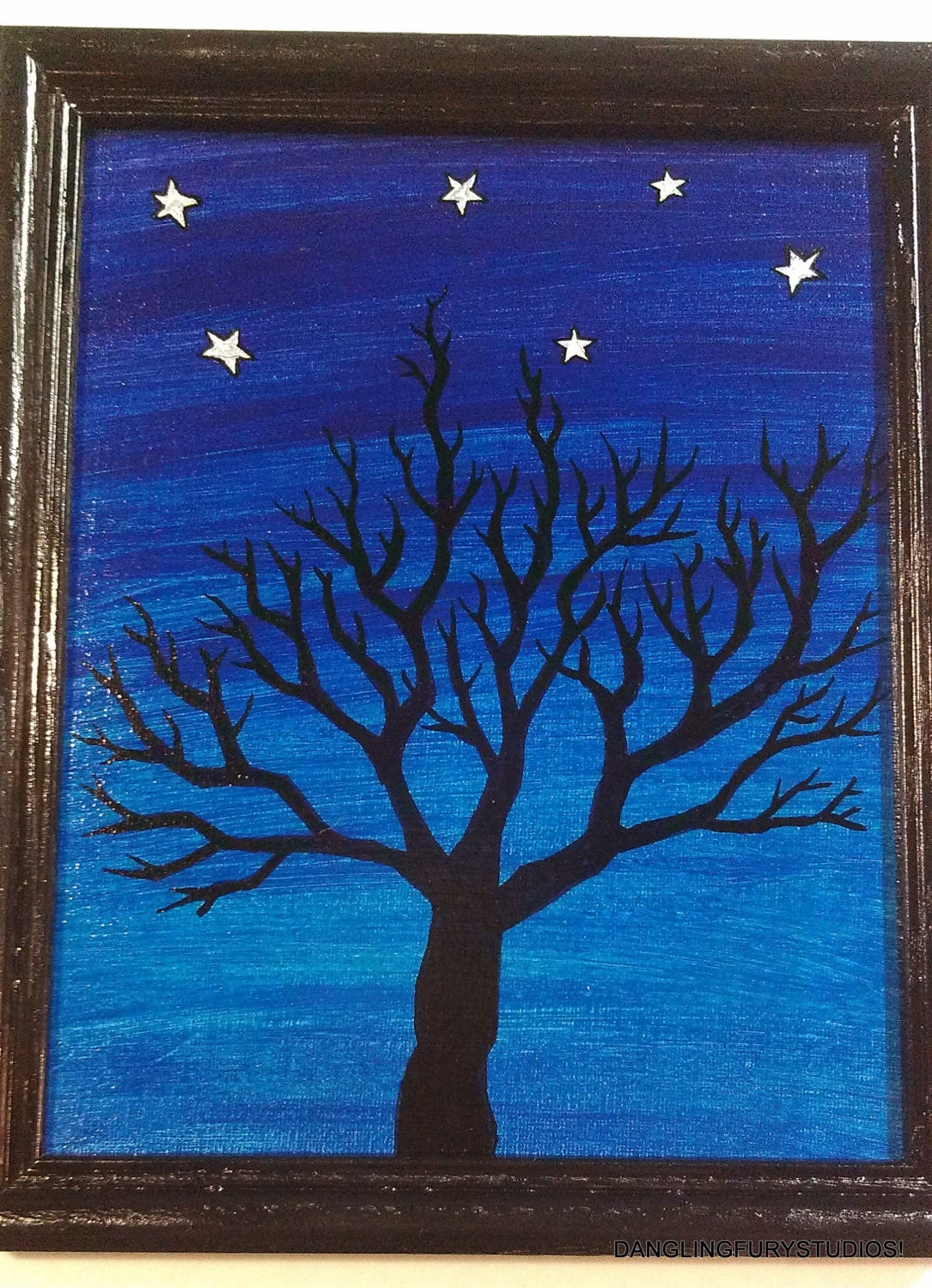 Silver Stars and Blue Sky Tree Silhouette Framed Acrylic and Oil Painting 8x10