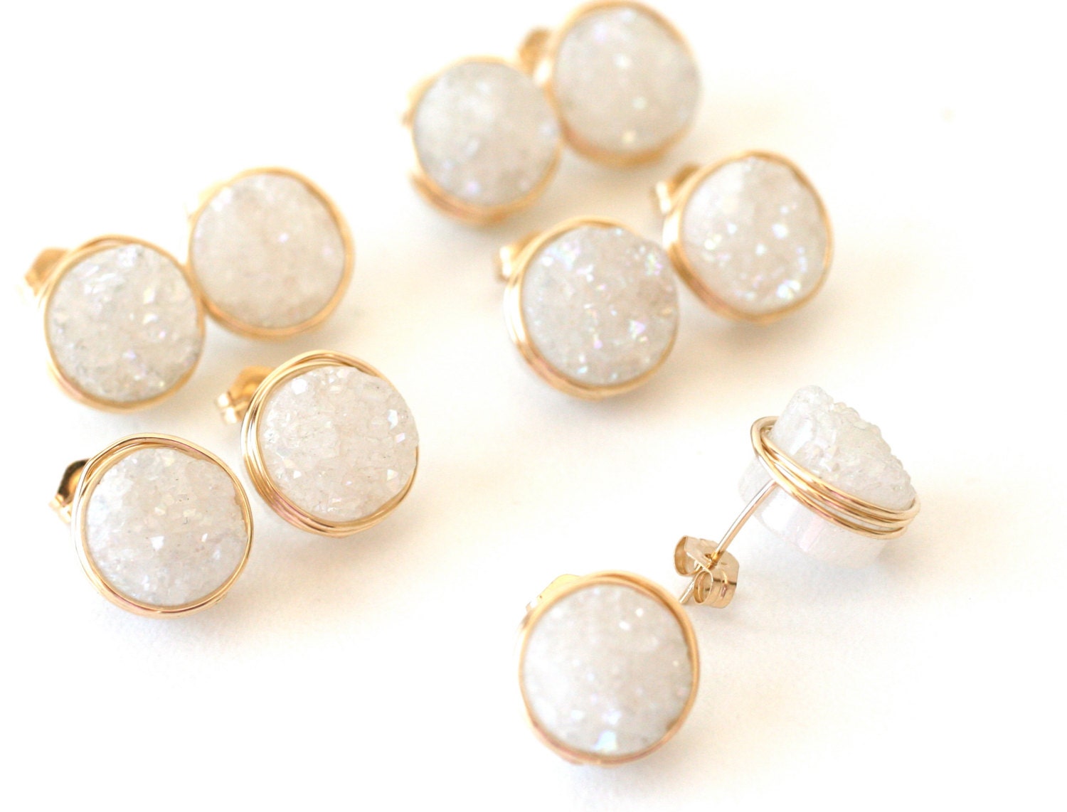 Snow White Wedding Bridal Accessories Druzy Stud Post Earrings 14k gold filled - Affordable jewelry for bridesmaids