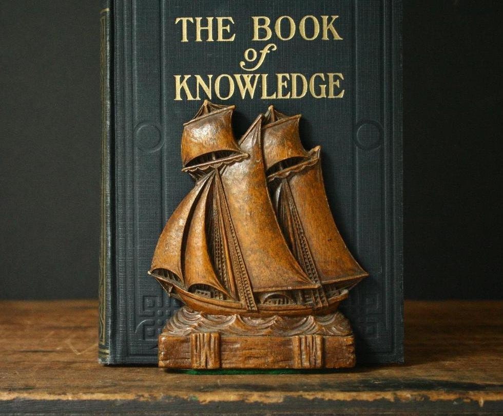 Vintage ship bookend, Syroco wood bookend