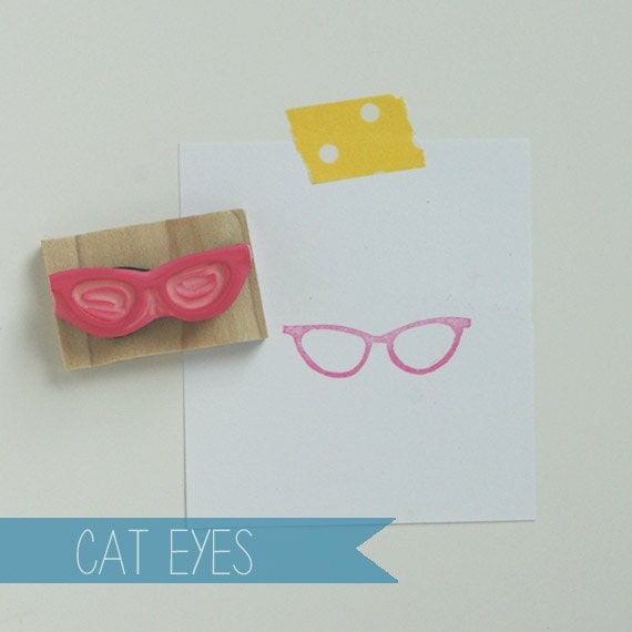 Hand Carved Cat Eye Glasses Rubber Stamp