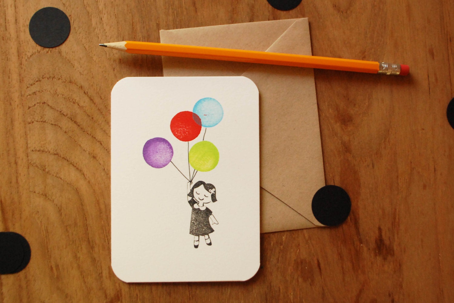 Girl with Balloons Hand Stamped Greeting Card