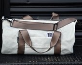 Dome Duffle: Tan Seat Belt Strap w/ Red, Blue, & White Lining