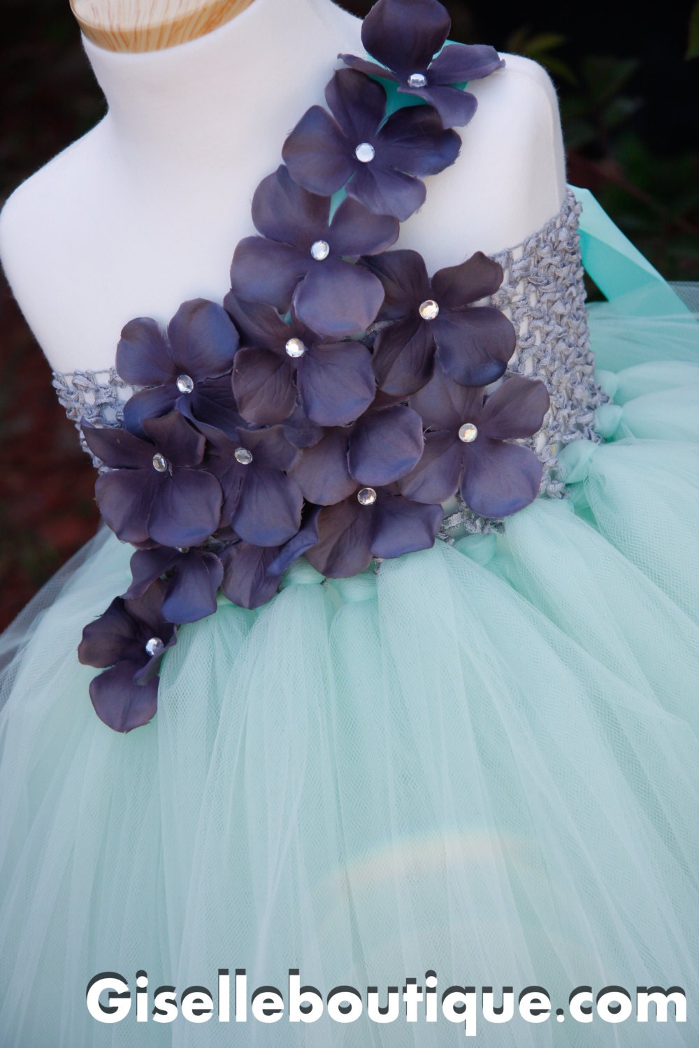 Flower girl dress Mint with Dark Gray Flowers Tutu Dress . toddler tutu dress, wedding, birthday, Newborn, 2t,3t,4t,5t