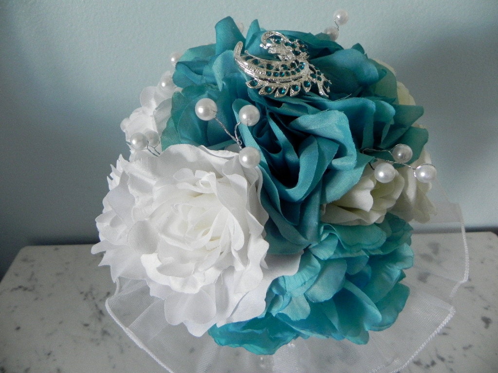 silk bridal bouquet  turquoise white jeweled large