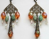 Brass Chandelier Earrings w/ Orange And Teal Drops
