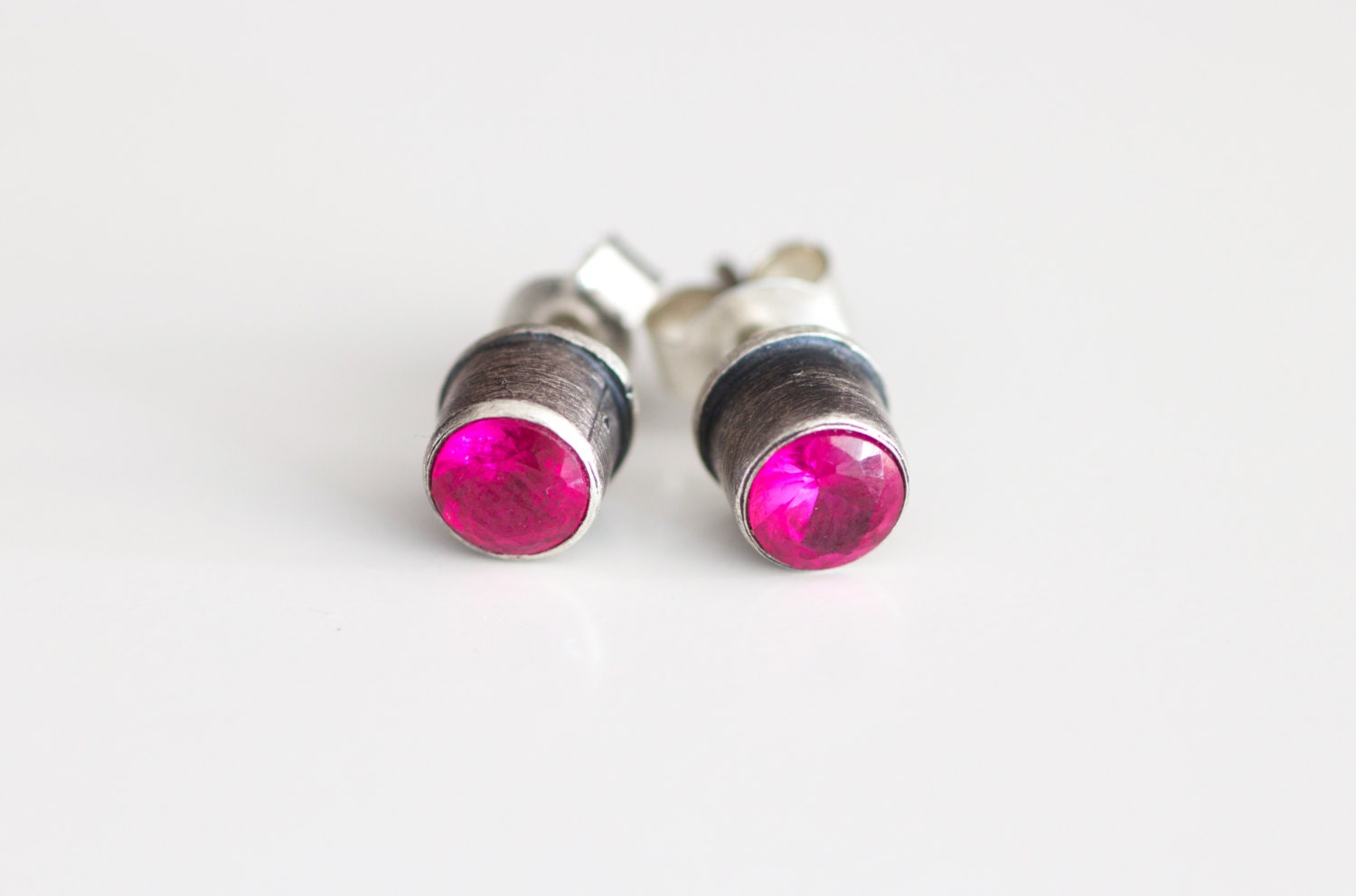 Tiny Fuchsia Zircon Sterling Silver Stud Earrings-Magenta Zircon Crystal post earrings-Handmade Gift Under 35