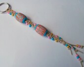 Hemp and Polymer Clay Beaded Keychain, key ring, pink and blue