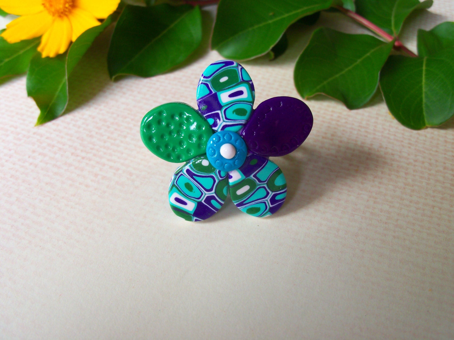 Polymer Clay Flower Ring - purple, green and turquoise, adjustable