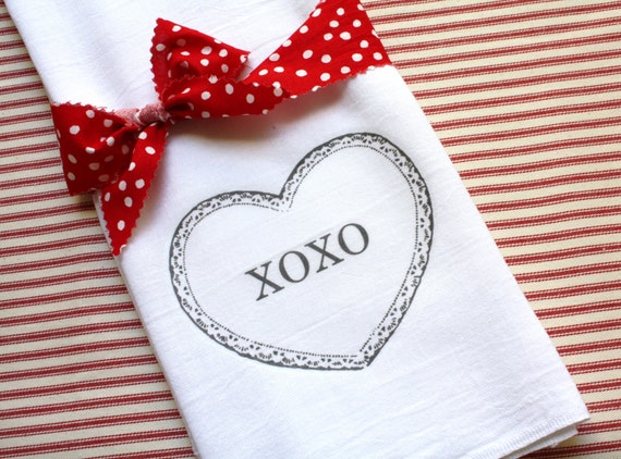 Valentine Day Kitchen Flour Sack Towel, Tea Towel,  XOXO, Cotton, Heart, Home Gift