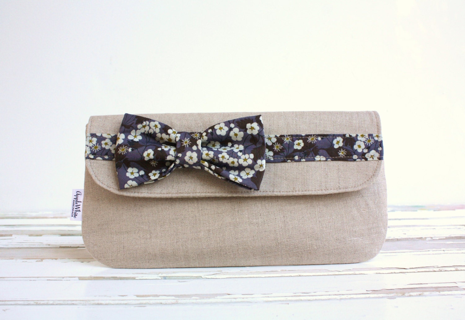 Natural Beige Linen Bow Tie Clutch, Gray, Liberty of London, Bags & Purses, Handbag, Clutch, Wallet