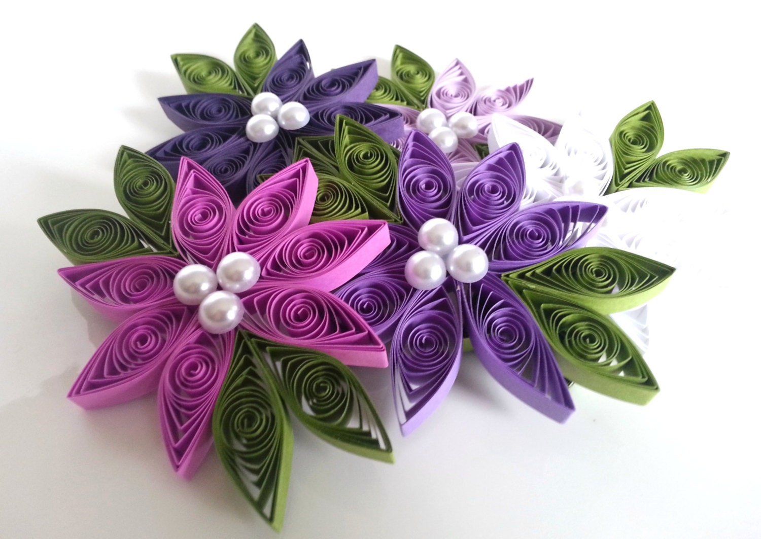 Purple Flower Ornaments Paper Quilled with White Pearl Centers