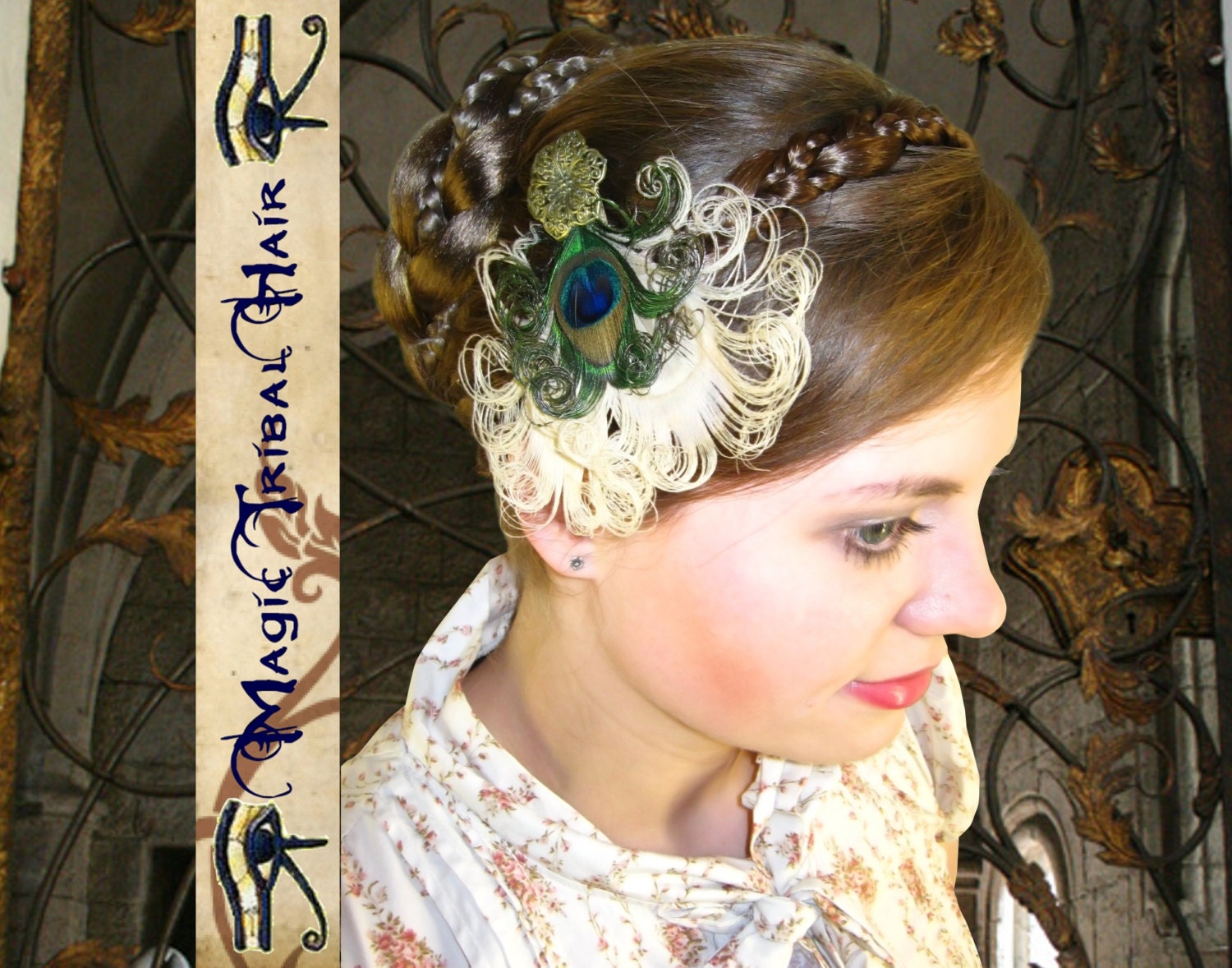 WHITE Steampunk PEACOCK HEART Feather Fascinator Goth head piece Fairy elf Larp costume accessory Fantasy hair jewelry Pinup Dita