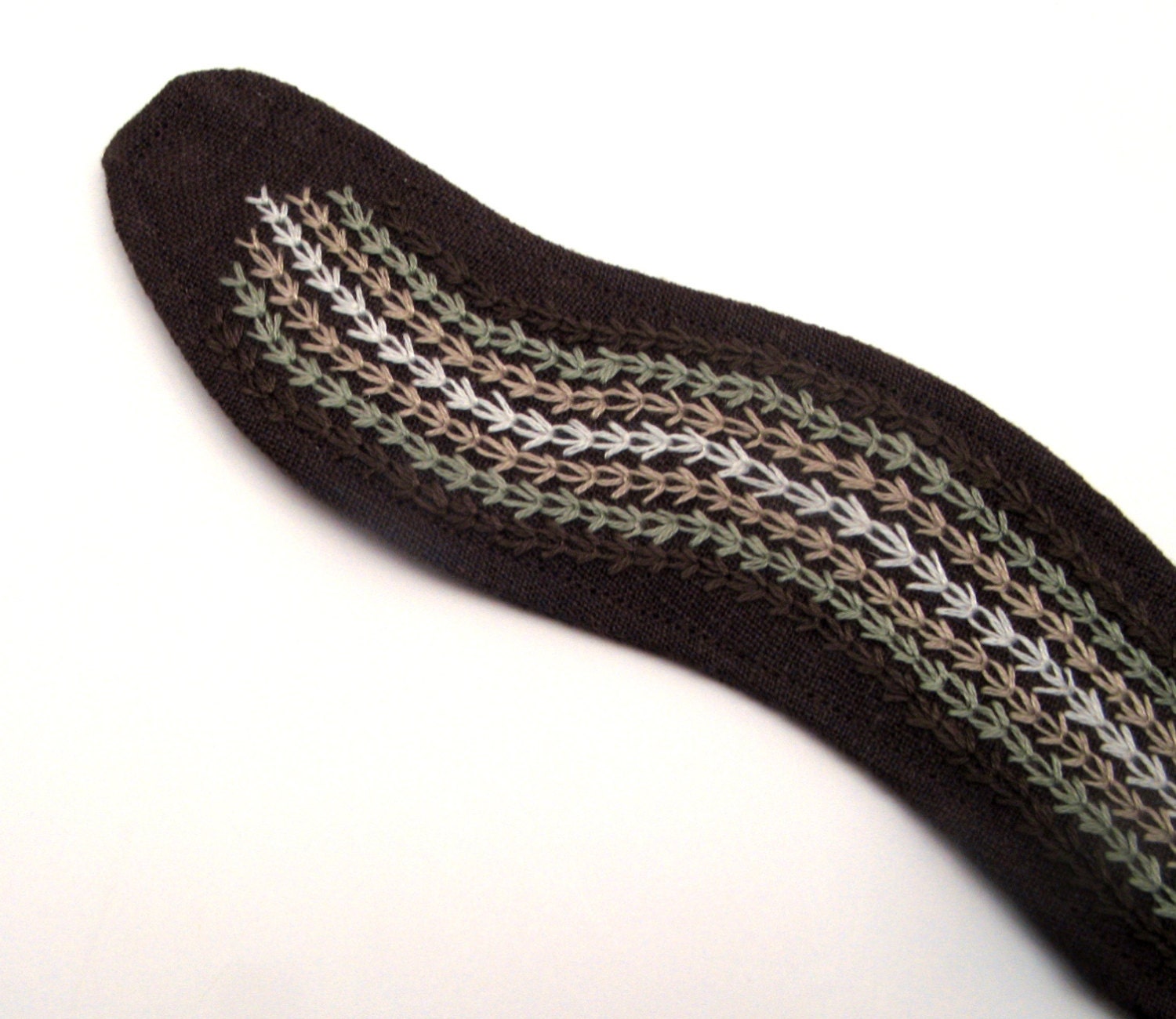 Sage Green and Tan Hand Embroidered Cuff, Brown Linen Fiber Bracelet, Wedding, Bridesmaids