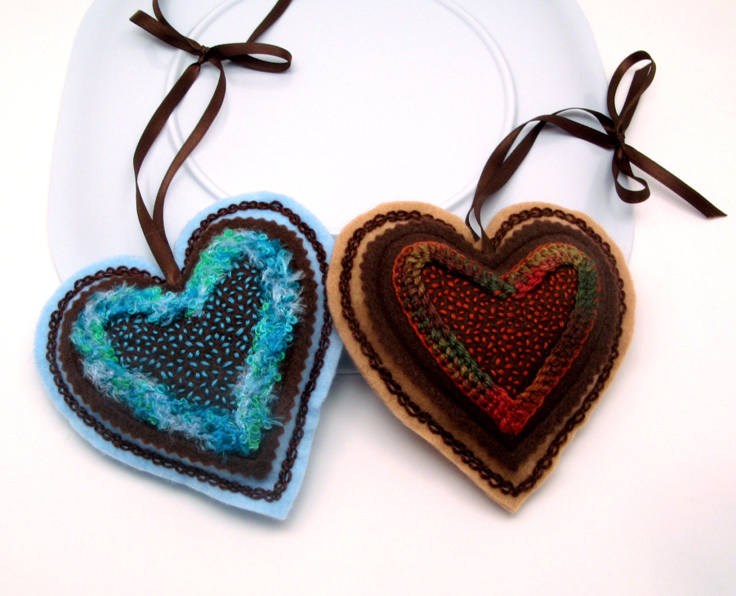 Brown and Blue Heart Ornaments, Home Decor, Felt and Embroidery Decoration, Set of Two - LaurelSusanStudio