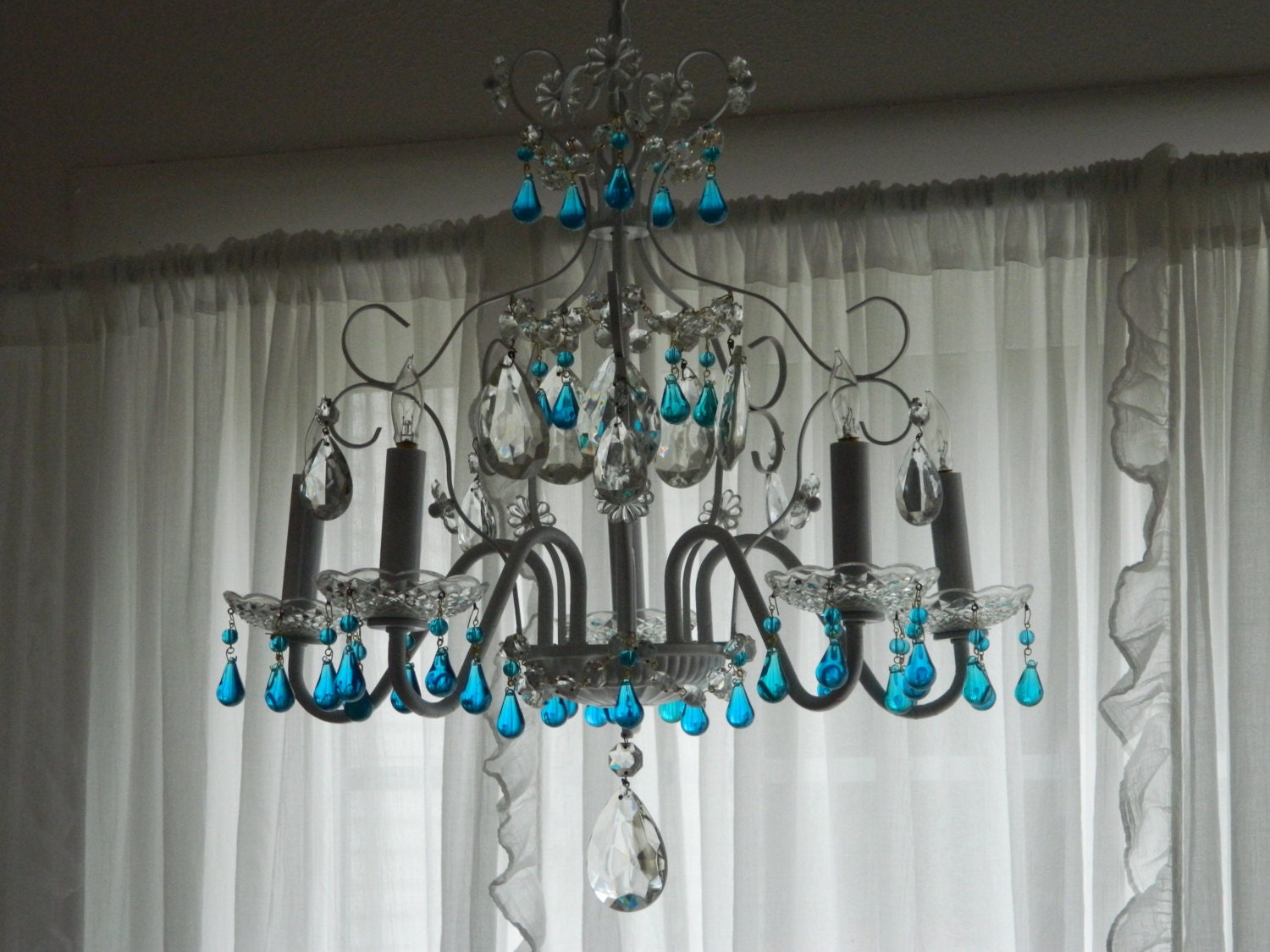 Vintage Chandelier Featuring Aqua Crystal Raindrops and Huge Almond Crystals