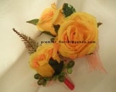 Set of (6)  Corsage Boutonniere Wedding Flower Package.Hot pink Watermelon Orange Tangerine kissed yellow roses. Handtied bows.