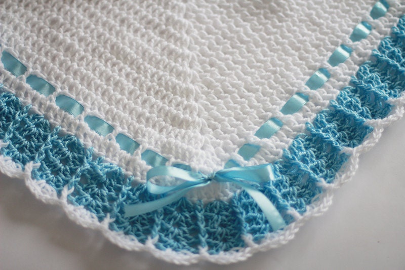 Crochet Baby Blanket / Afghan White Blue , Christening, Baptism, Gift