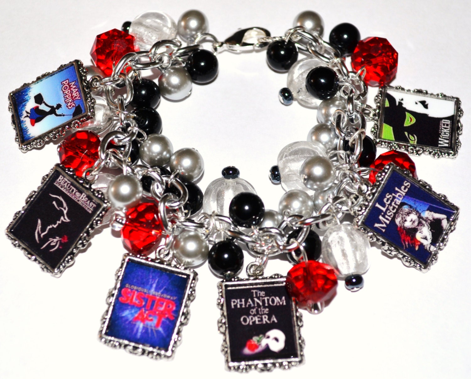 CUSTOM BROADWAY MUSICALS Charm Bracelet Altered Art Handmade Free2BDesigns Made to Order Wicked Les Miserables Phantom of the Opera