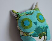 Stylish Owl Pillow in Sophisticated Amy Butler Fabric. Hand Sewn Blue and Green Felts. Perfect for a Nursery or as a Gift.