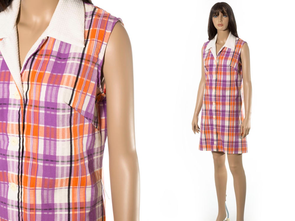 Vintage plaid sleeveless mini shirtdress