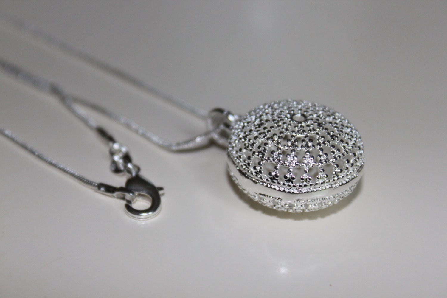 All sterling silver Filigree round pendant Necklace Snake chain