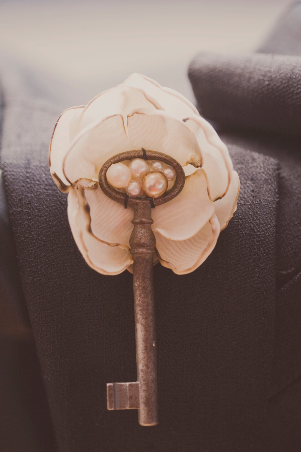 Vintage Key Boutonniere with Fabric Flower