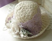 Romantic Cloche Hat. Vintage Lavender Hat Handmade with Lace, White Roses, & Pearls. Spring, Easter, Tea Time, Garden Party, Wedding.