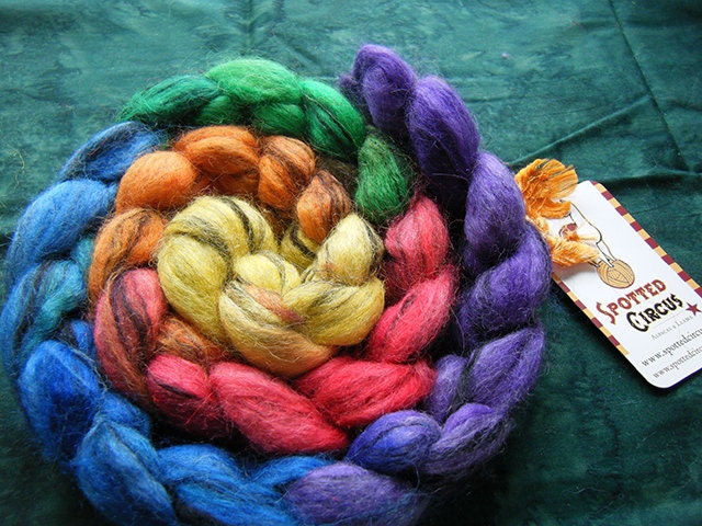 alpaca, bfl, sparkle combed top 4.1oz vibrant rainbow gradient