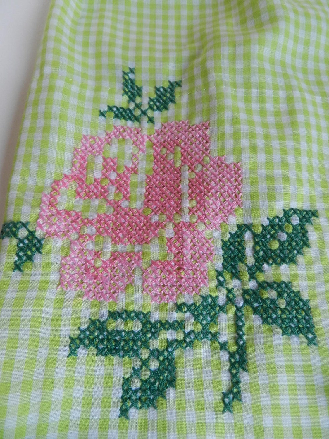 Vintage Lime Green and White Gingham Apron with Cross Stitched Pink Roses