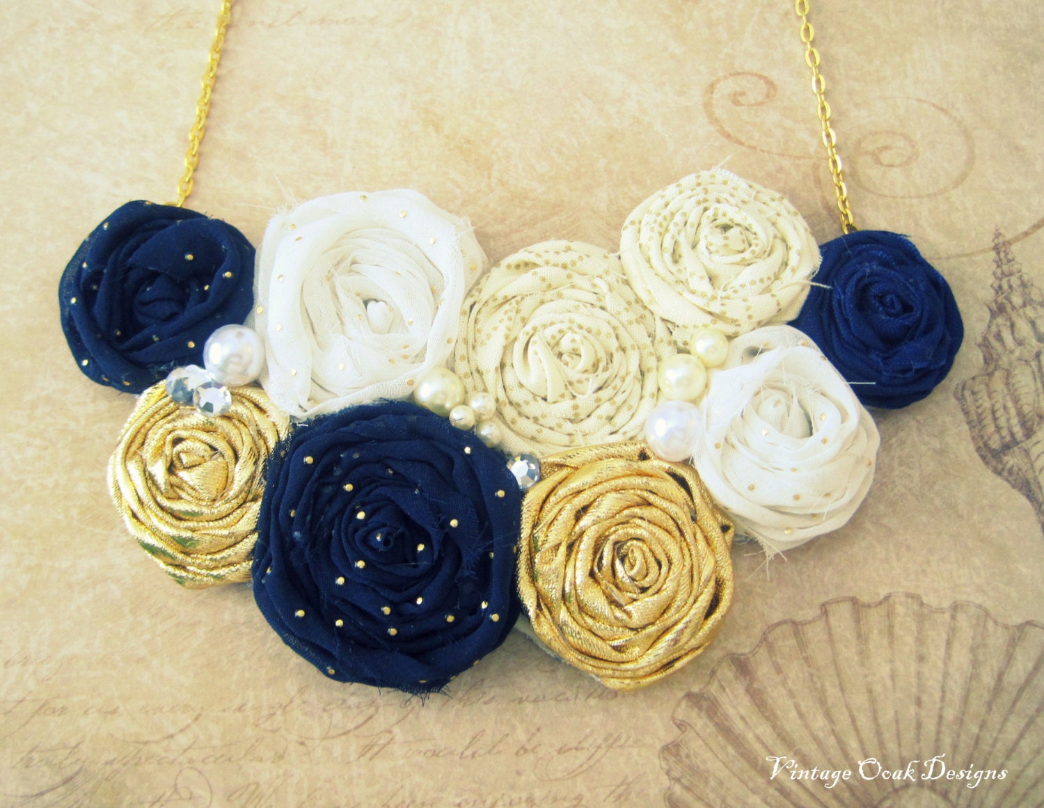 Nautical Statement Necklace, Gold, Navy & White Rosette Statment Necklace, Nautical Necklace, Rolled Rosetted Bib Necklace, Summer Fashion