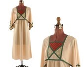 Vintage 1970's Pale GOLDEN Maxi Fan Bell Sleeves Summer Party Sweep Dress S