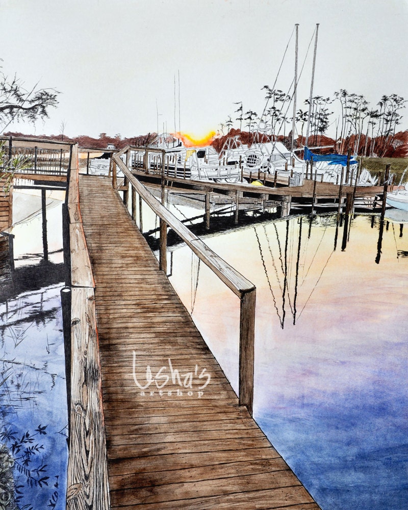 Florida Marina Scene Sunset Dock Number 1-  8 x 10