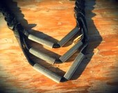 Lyroki - black leather necklace - steel chevron necklace - long tube bead neacklace - statement necklace