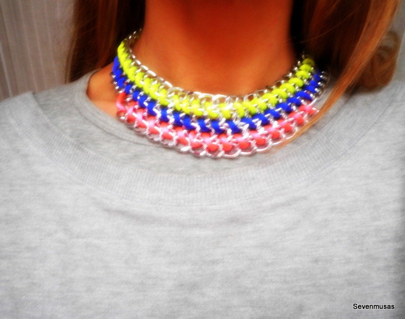 Neon Yellow Neon Pink  Blue Cord-Braided Silver Chunky Chain-Choker Statement Necklace