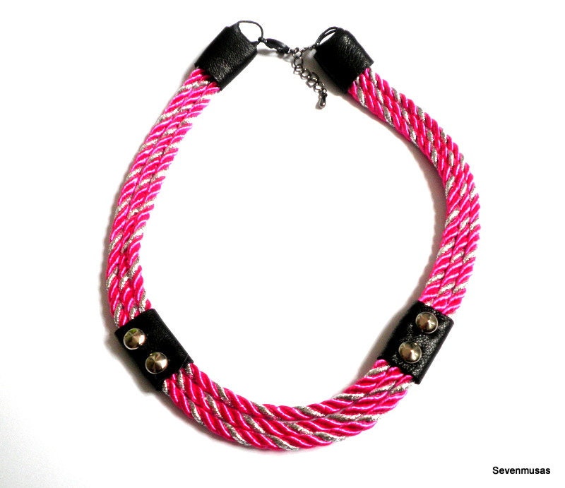 Neon Pink Silver Silk Rope Choker Statement-Silver Studs Black Leather Necklace