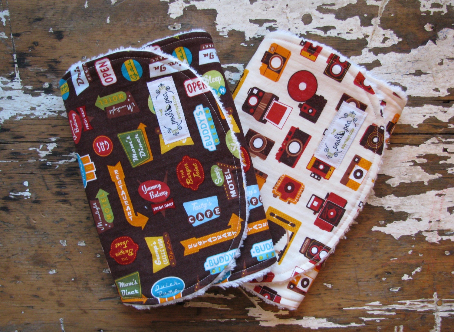 Baby Burp Cloths - Out & About Set 2 - Retro Road Signs and Cameras in Bermuda - Set of 2 - Gender Neutral