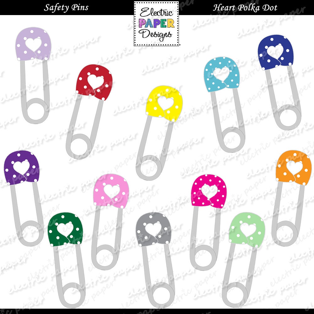 Safety Pin Clip Art Set - Heart Shapes with Polka Dots Baby Safety Pins - Instant Download