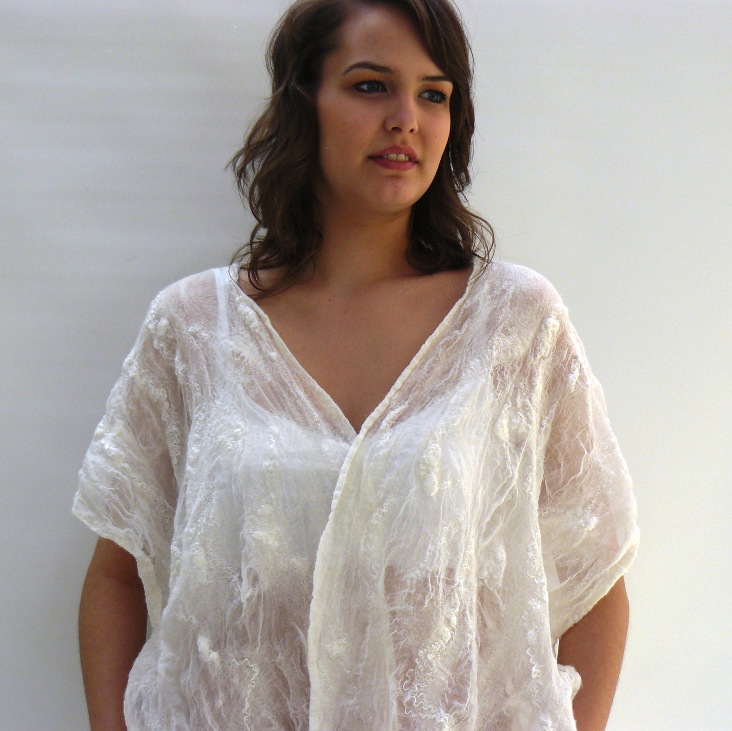 Nuno felted clothing white silk merino wool comfortable women's blouse -  tunic Summer dress