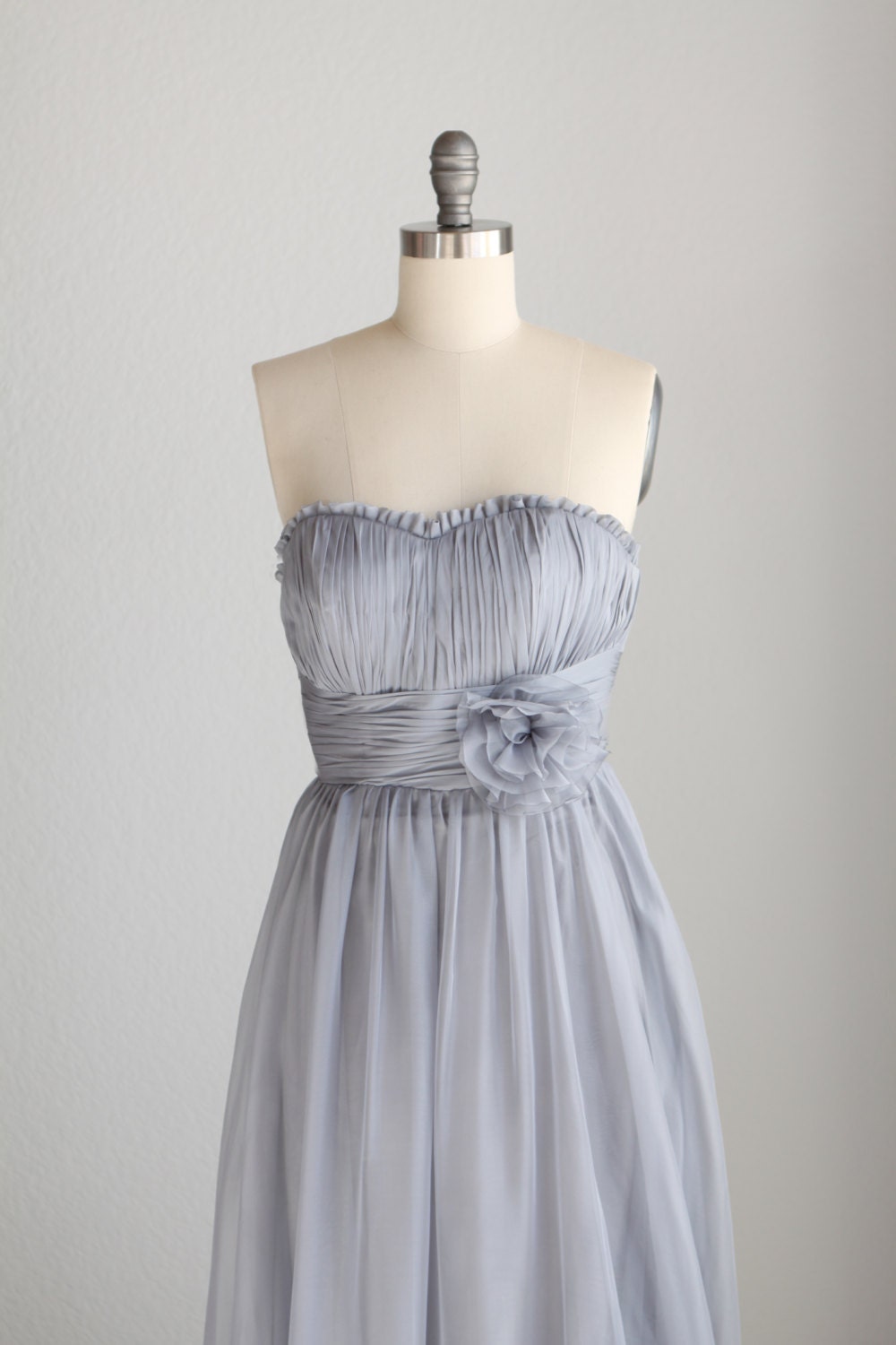 Bridesmaid chiffon Dress/strapless handmade flower gray dress/floor length/grey Strapless Prom/ party dress  (B002)