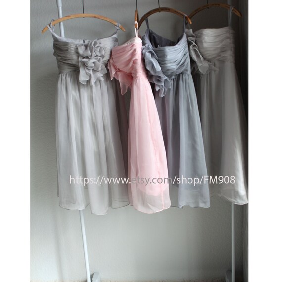 chiffon party dress, grey bridesmaid dress, strapless formal dress (B007))