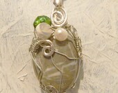 Silver sea pebble wire wrapped pendant made by my hands with real pearls and agate free shipping