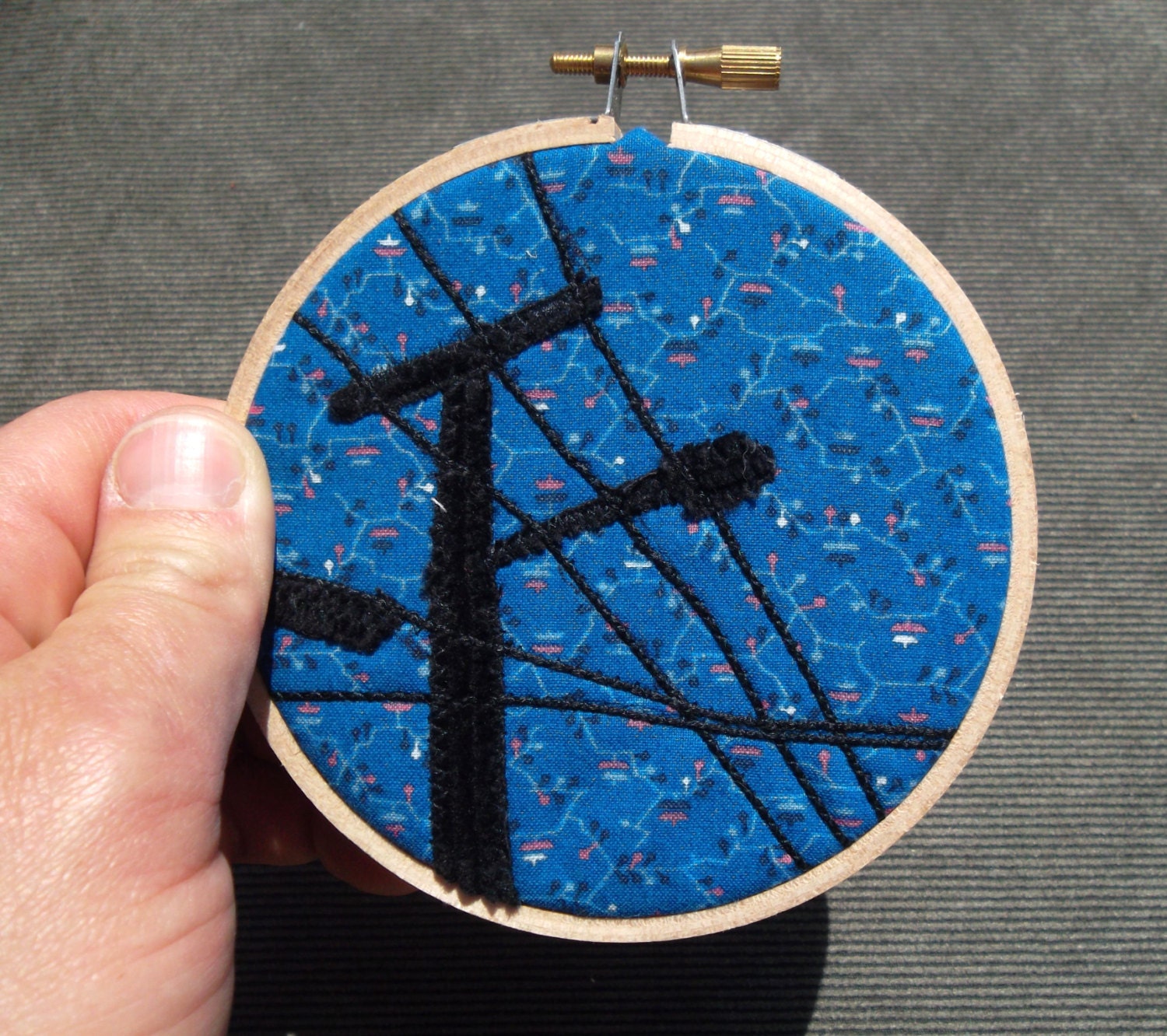 Mini Hoop, "Telephone Pole with Electric Blue Geometric Sky," OOAK, recycled fabric art, mounted in 4 inch hoop, ready to hang