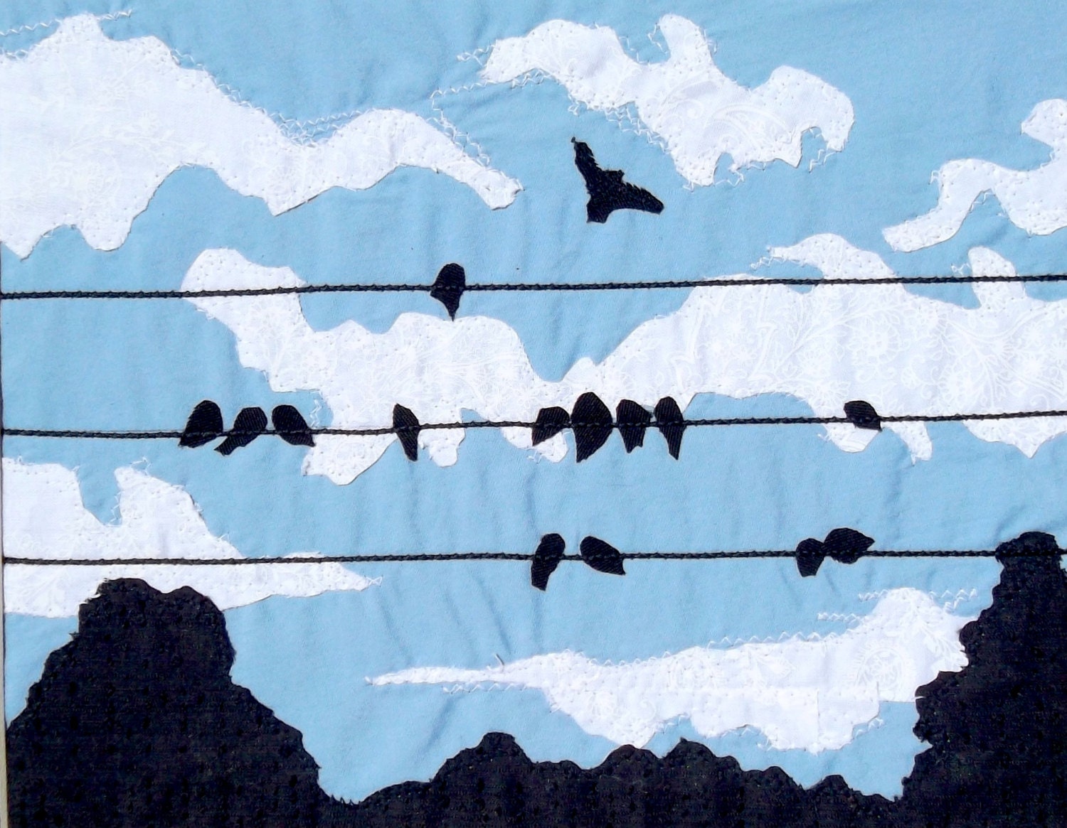 Birds on the Wire, "That Day, the Clouds Looked Like Animal Crackers," 8x10 inch, recycled fabric artwork, black mat