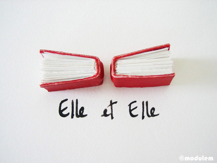 Elle et Elle (Her & Her) - book art, red leather, white, black ink, urban chic, elegant, romantic, wall art, couple, French text, love, 6x6