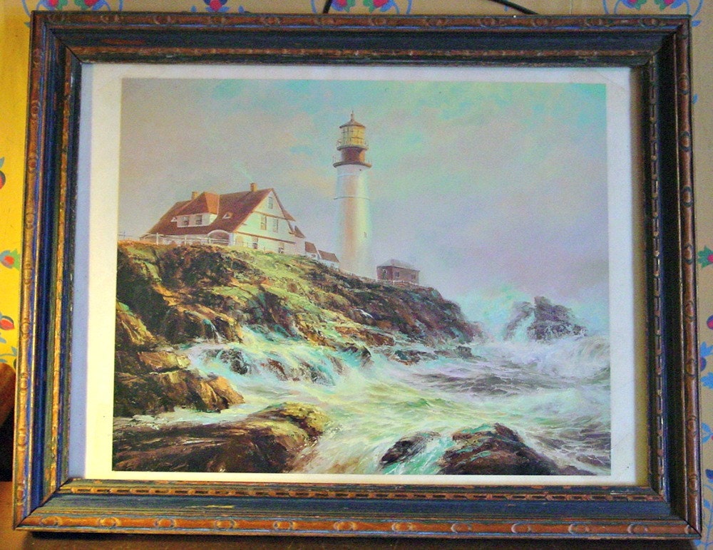 Vintage Print in Old Frame of Portland Head Lighthouse Cape Elizabeth Portland Maine